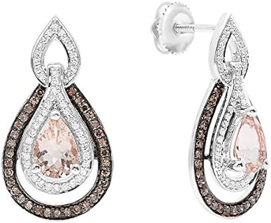 Dazzlingrock Collection 10K Gold 7X5 MM Each Pear Morganite,Round Champagne & White Diamond Ladies Halo Teardrop Drop Earrings