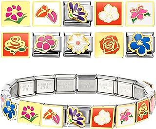 Vercraft 10 Pcs Flower Italian Charm 9 mm Floral Italian Bracelet Link DIY Italian Modular Stainless Steel Traditional Classic Type Flower Charms for Woman Man to Create Personalized Bracelet Gift