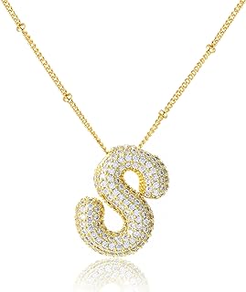 Balloon Initial Necklaces for Women Girls, Bubble Letter Necklace 18K Gold Plated Dainty Alphabet Pendant Puffy Name Personalized Jewelry Gift