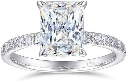 14K White Gold Engagement Ring, 3 Carat Radiant Cut Moissanite Rings, Solid 14k White Gold Engagement Ring for Women