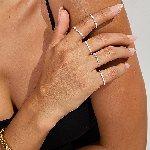 Sterling Silver Rings for Women Girl, Dainty Simple Waterproof Stackable Ring Set Thin Sparkling Finger Ring for Women Non Tarnish Trendy Statement Rings Wedding Bands Silver Jewelry Size 5-10