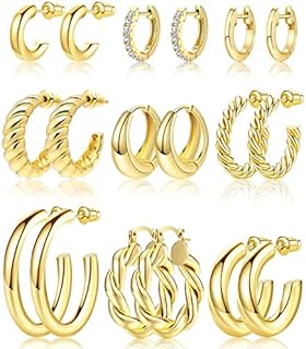 Adoyi 9 Pairs Gold Hoop Earrings Set for Women Gold Twisted Huggie Hoops Earrings 14K 18K Gold Plated for Girls Gift Lightweight