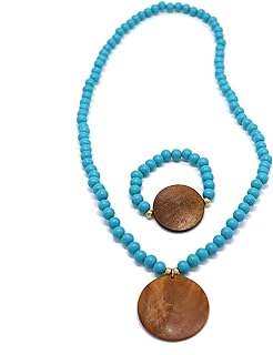 Boho-Chic Vintage Wood Bead Necklace and Bracelet Set for Women, Chunky Round Pendant Design, Handmade Natural Jewelry Ideal for Casual and Special Occasions