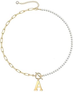 Lobster Claw Clasp Pearl and 14K Gold Bead Necklace with Link Chain for Women - Initial Pendant Design