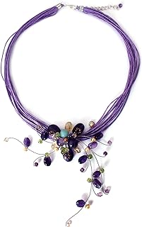 NOVICA Handmade Amethyst Peridot Choker Floral Necklace Silver Plated Brass Cotton Stainless Steel Citrine Aquamarine Glass Bead Green Multicolor Purple Yellow Pendant 'Floral Joy'