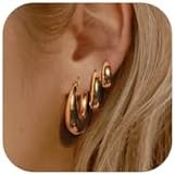 14K Gold Plated Brass Huggie Hoop Earrings Set for Women with Sterling Silver Posts, Stylish Chunky Design, 3 Sizes