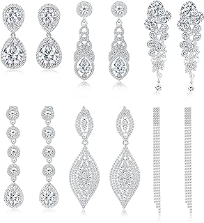 6 Pairs Clip on Earrings for Women Elegant Rhinestone Crystal Tassel Chandelier Teardrop Earrings Silver Wedding Bridal Clip-on Earrings Non Pierced Jewelry Set for Bridesmaids Prom Party Gift