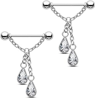 CM Crareesi Mania Chain Nipple Ring 316L Stainless Steel Nipple Chain Rings 14G Dangle Nipple Piercing Jewelry Silver Nipple Barbells for Women