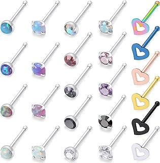 Cisyozi 18G 20G Hypoallergenic Nose Rings Studs Surgical Steel Opal Heart Star Nose Stud Cubic Zirconia Nose Piercing Jewelry for Women Men Straight L Shaped Screw Style