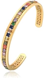 Gold Plated Stainless Steel Rainbow Cubic Zirconia Open Bangle, Multicolor Colorful CZ Cuff Bangle Bracelet for Women Adjustable