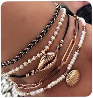 Lobster Claw Clasp Beaded Shell Anklet Set with Bead Chain Alloy - Bohemia Beach-themed Jewelry for Women and Girls - Unique Design
