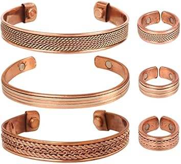 No Clasp Unisex Copper and Brass Touchstone Handcrafted Tibetan Healing Bracelet and Matching Ring with Magnetic Therapy