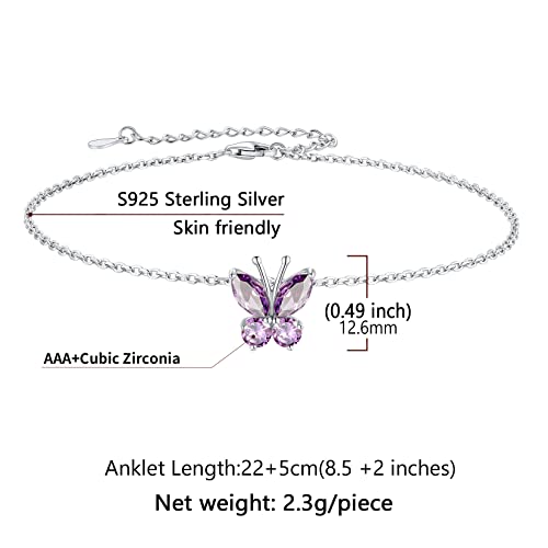 SILVERCUTE Butterfly Anklets for Women, S925 Foot Bracelet Birthstone Anklets Sterling Silver Adjustable Beach Anklet Length 8.5"-10.5"