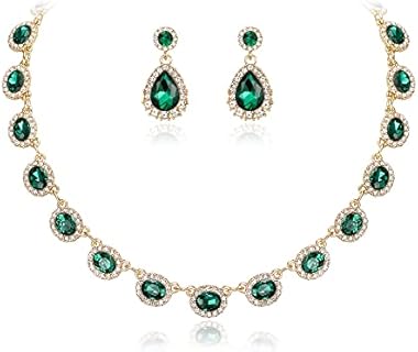 Crysdue Bridal Wedding Jewelry Set for Women Oval Teardrop Rhinestone Crystal Collar Necklace Pierced Dangle Earrings Set for Prom Party