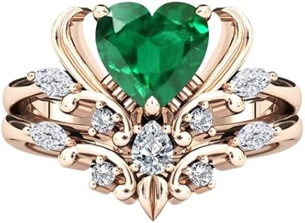 3 CT Heart Shaped Emerald Engagement Ring Set For Women Art Deco Emerald Ring Set Antique Emerald Wedding Ring Set Anniversary Ring Set, green