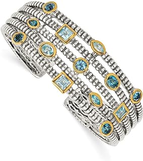 925 Sterling Silver and 14k Blue Topaz Bezel Polished Stackable Bangle Bracelet for Women with Sturdy Clasp