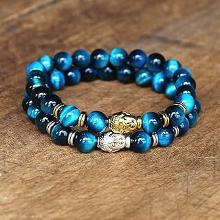 Natural Stone Beads Blue Tiger Eye Buddha Beaded Charm Bracelet Women Men Handmade Jewelry O901B (Silver women size)