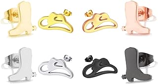 Dreuyet 4 Pairs Western Boots and Hat Stud Earrings for Women Girls Tiny Asymmetric Cowboy Cowgirl Boot Hat Earrings Stainless Steel Minimalist High Polished Western Jewelry