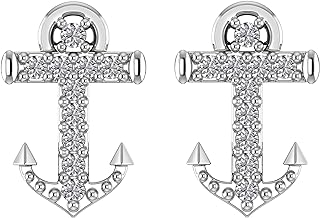 Pretty Jewels 14k Gold Finish 925 Sterling Silver 0.08 ct .t.w Round Cut White Natural Diamond Anchor Cross Stud Earrings (H-I/I2-I3)| Minimalist, Delicate Jewelry