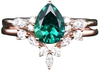 Vintage 2.5 ct pear shaped green emerald engagement ring set art deco 14k rose gold marquise cut ring set unique wedding ring set bridal ring set anniversary ring set promise ring set