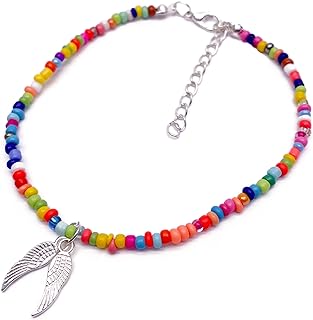 Angel Wings Charm Glass Seed Bead Anklet - Multi-Colour Mix with Silver Tone Charm : Adjustable 9-11 inches