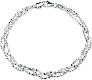 Lobster Claw Clasp Diamond-Cut Braided Bead Chain Bracelet in Sterling Silver for Women, Triple Layer Oval Design