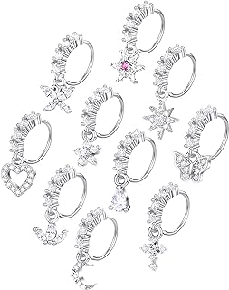 Elegant 10Pcs Silver Dangle Nose Rings Set by Tornito with Cubic Zirconia - Butterfly, Heart, Moon, Flower, Cross, Star Shapes for Body Piercing Jewelry