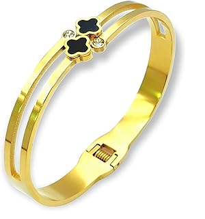 Dainty Clover Bangle Bracelet Stainless Steel Gold Plated With Crystal Accents