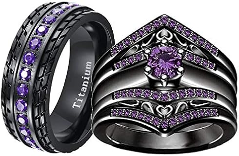 RingHeart 2 Black and Purple Wedding Ring Sets with Cubic Zirconia Design - Titanium Steel His and Hers Rings