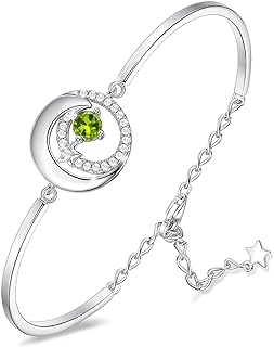 Lobster Claw Clasp Peridot Bead Bracelet with Box Chain, Sterling Silver Material, Perfect for Women - Bangle Design featuring Elegant Moon and Star