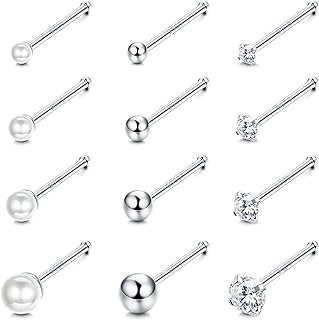 Sllaiss 12Pcs Sterling Silver Nose Rings Studs for Women Multiple Styles Tiny Ball Pearl CZ Nose Rings Nose Piercing 1.5mm 2mm 2.5mm 3mm