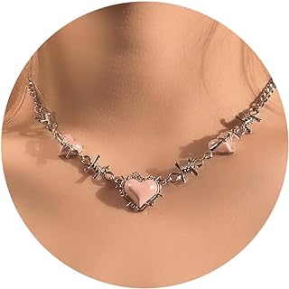 Stainless Steel Necklace for Women - Barbed Wire Necklacen Thorn Pink Heart Choker Necklace for Teen Girls Preppy Jewelry