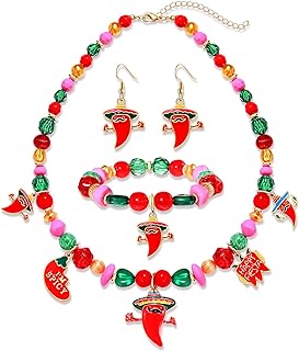 Cinco De Mayo Necklace Bracelet Earrings for Women, Mexican Beaded Choker Necklace Stretch Bracelet Fiesta Chili Earrings Statement Mexican Accessory Jewelry Gifts