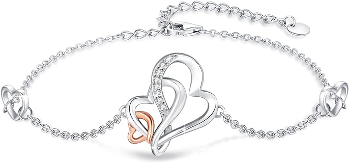 Infinity Bangle Bracelet with Box Chain and Cubic Zirconia for Grandmother - Sterling Silver Interlocking Hearts Design