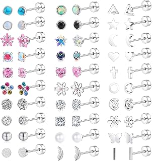 30-Pair Women's Collection of Flat Back Cubic Zirconia Stud Earrings by Jewdreamer - Hypoallergenic Titanium for Sensitive Ears with Screw Back Design in Heart, Opal, Pearl Shapes