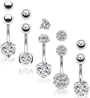 BodyJ4You 5PC Belly Button Rings Set - 14G Multicolor Surgical Stainless Steel - Shiny CZ Crystals Clear Pink Aqua Black - Replacement Extra Pack - Women Girls Body Piercing Jewelry