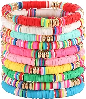 boderier Heishi Beaded Bracelets for Women Colorful Rainbow Vinyl Disc Bead Stretch Bracelet Stackable Summer Beach Surfer Bracelets