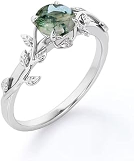 925 Sterling Silver Leaf Promise Ring with Natural Moss Agate for Women - Captivating Engagement/Wedding Jewelry Gift