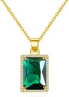 VONSSY Rectangle Gemstone Pendant Necklace | Ruby Crystal & Created-Emerald Birthstone Necklace | 18K Platinum Gold Plated Chain | Meaningful Jewelry Gift for Mother Daughter Girlfriend