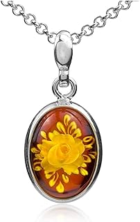 Amber Sterling Silver Cameo Flower Pendant Necklace 18 Inches
