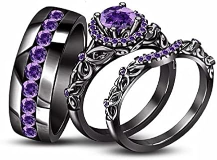 Black Gold Finish Cubic Zirconia Amethyst Engagement Trio Ring Set for Men & Women in 925 Sterling Silver, Unique Design