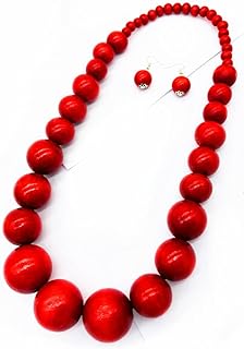 Vibrant African Wooden Beaded Necklace and Drop Dangle Earrings Set with Other-Clasp-Type Design for Women - 60's and 70's Inspired Bohemian Wedding Jewelry