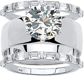 PalmBeach Sterling Silver Round Cubic Zirconia Solitaire Engagement Ring with 2 Baguette CZ Wedding Bands Sizes 6-10