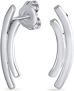 Rhodium-Plated Silver Curved Stud Earrings with Push Back for Women and Teens, Minimalist Geometric Design