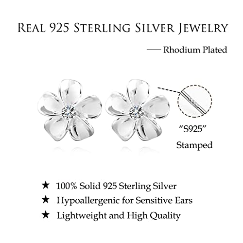 Solid 925 Sterling Silver Plumeria Flower Stud Earrings for Women Girls Crystal Flower Stud Earrings