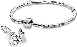 Pandora Women's Aesthetic Charm Bracelet Bundle - Sterling Silver, Glow-In-The-Dark Firefly Dangle Charm with Snake Chain & Barrel Clasp, 7.1" In Gift Box