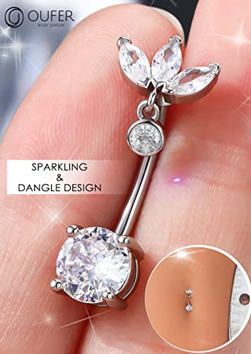 OUFER Belly Button Rings, 316L Surgical Steel Belly Rings, Clear CZ Dangle Belly Button Piercing, 14G Reverse Belly Piercing Jewelry, Long Belly Rings For Women Men