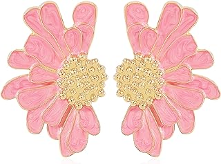 Push-Back Pink Flower Stud Earrings for Women - Stainless Steel, Oversized Half-Flower Design with Gold Bud
