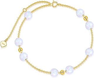 Spring Ring Clasp Opal Anklet - Box Chain Design in 14K Yellow Gold for Women and Girls - Elegantly Crafted Foot Bracelet with Gold Beads and Adjustable Length - Perfect for Special Occasions