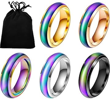 Hicarer 5 Pieces Stainless Steel Temperature Changing Color Mood Rings Unisex Sensitive Emotion Ring Wedding Men Women